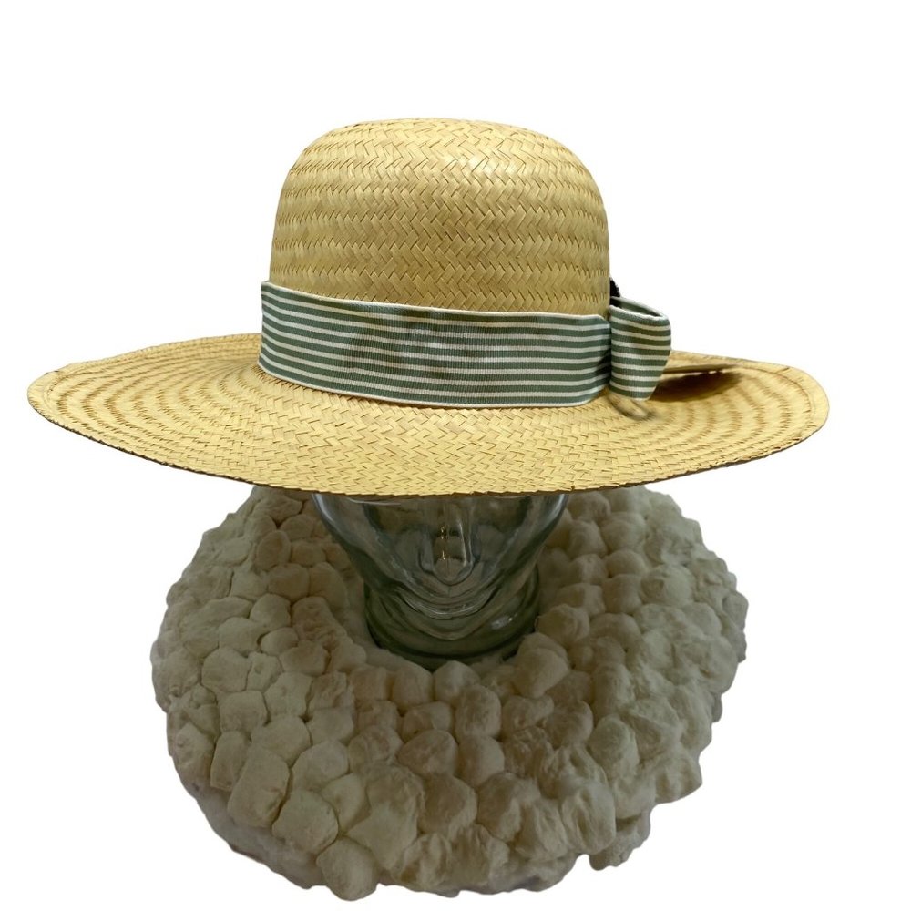 Handmade Straw Panama Hat with Green Stripe Grosgrain Ribbon Detail - Picture 5 of 11